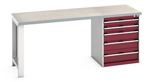 41003231.** Bott Cubio Pedestal Bench with Lino Top & 5 Drawers - 2000mm Wide  x 750mm Deep x 840mm High. Workbench consists of the following components...